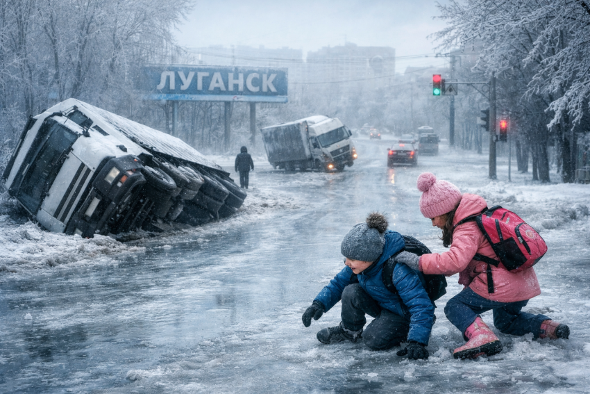 Ледяной апокалипсис в ЛНР: фуры переворачиваются, дети не могут дойти до школы